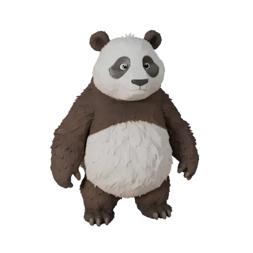 3D модель панды Low Poly, вид сбоку в игровой камере, низкополигональная модель животного с плотными комками шерсти, объемом