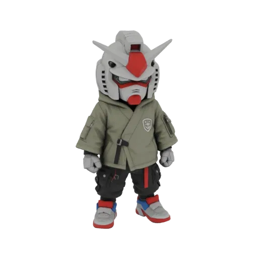 3D-модель чиби-робота в стиле Gundam в зеленой куртке, карго и кроссовках, с бело-красным шлемом.