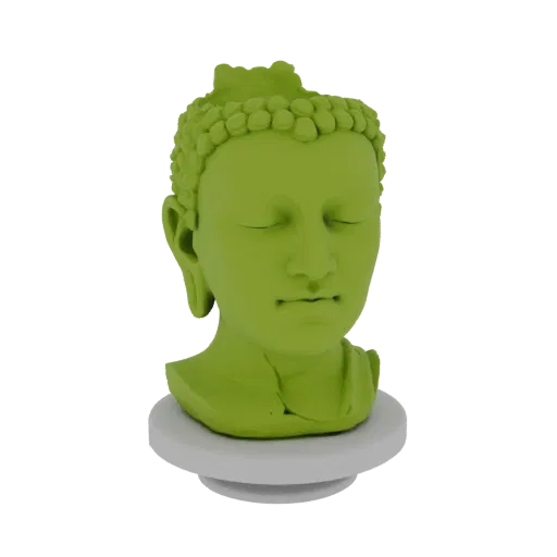 3D модель безмятежной зеленой головы Будды с закрытыми глазами на светло-сером круглом основании.