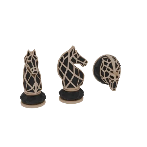 3D-рендер двух абстрактных, геометрических шахматных коней с граневым дизайном, представленных на белом фоне.