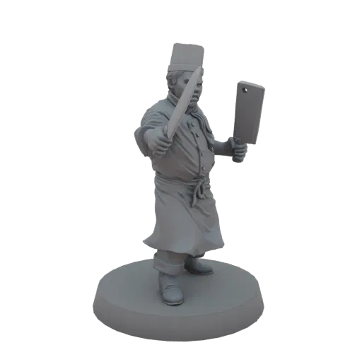 3D рендер серой миниатюры мясника-шефа с тесаком и ножом, стоящей на круглой подставке.