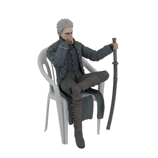3D модель Вергилия из Devil May Cry сидит на белом стуле, держа меч.