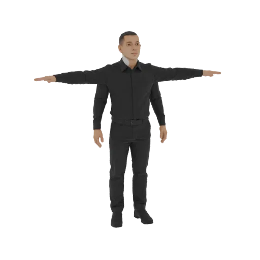 3D модель мужчины в черном костюме в T-позе, с руками, вытянутыми горизонтально.