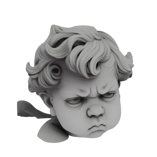 Рендер 3D модели скульптуры головы угрюмого херувима с детализированными волосами и сердитым выражением.