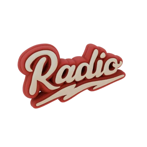 3D модель ретро логотипа 'Radio' со стилизованными красными и кремовыми буквами рукописным шрифтом на прозрачном фоне.