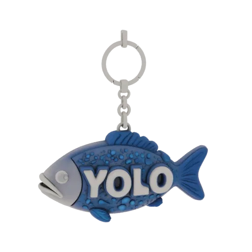 3D модель синего брелка в виде рыбы с надписью YOLO, с серебристым кольцом для ключей