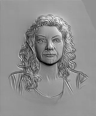 3D модель барельефа женщины с кудрявыми волосами, вид спереди, серый фон