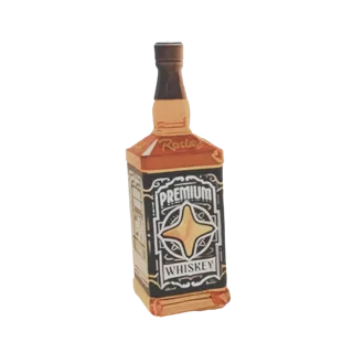 3D модель премиальной бутылки виски с детализированной этикеткой 'Premium Whiskey' и дизайном в виде звезды.