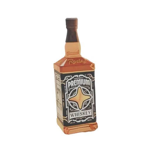 3D модель премиальной бутылки виски с детализированной этикеткой 'Premium Whiskey' и дизайном в виде звезды.