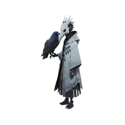 3D модель фэнтези персонажа, Мистического Хранителя Воронов, в маске черепа птицы и одеянии с капюшоном, с вороном на руке.
