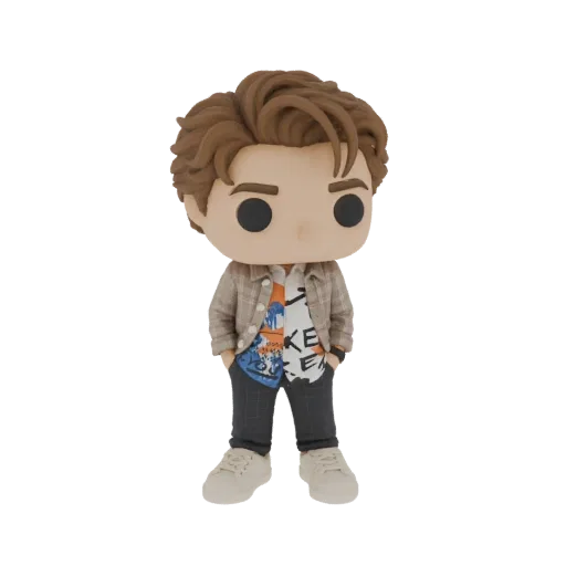 3D-модель молодого человека в клетчатой куртке в стиле Funko Pop, с руками в карманах.