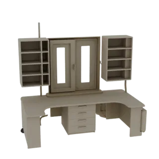 3D модель современного Г-образного стола со встроенными полками слева и справа и декоративным оконным элементом над столом.