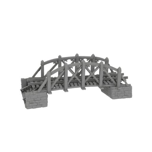 3D модель деревенского деревянного арочного моста с каменными опорами, детализированными деревянными досками и опорными балка