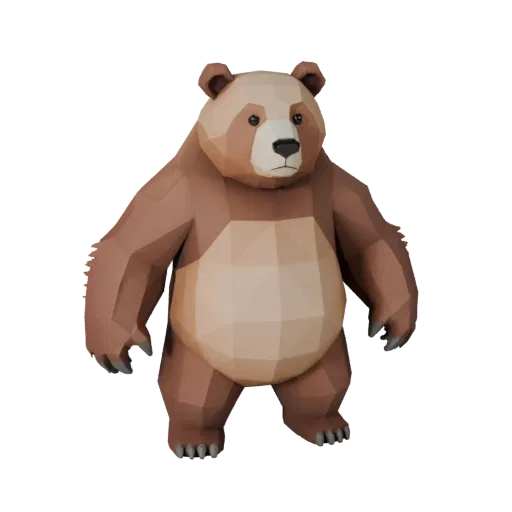 Низкополигональная 3D-модель медведя гризли, вид сбоку в игровом ракурсе, низкополигональная модель животного с плоскостями л