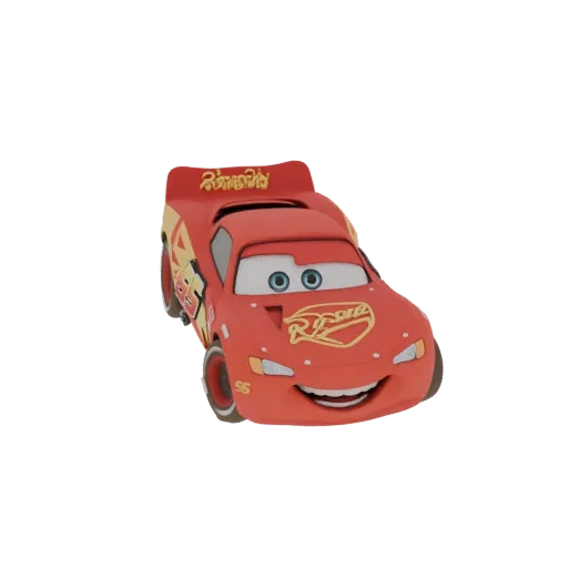 3D модель Молнии Маккуина, красного гоночного автомобиля из "Тачек" Disney, с широкой улыбкой и голубыми глазами.