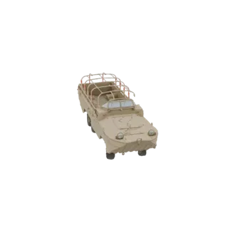 3D-модель бежевого немецкого амфибийного грузовика времен Второй мировой войны со сложенным каркасом брезентового верха, вид