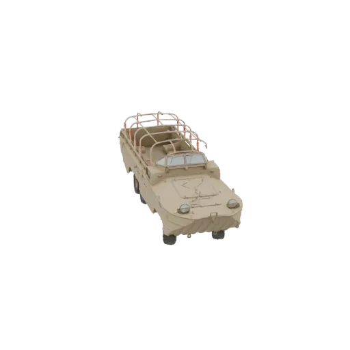 3D-модель бежевого немецкого амфибийного грузовика времен Второй мировой войны со сложенным каркасом брезентового верха, вид