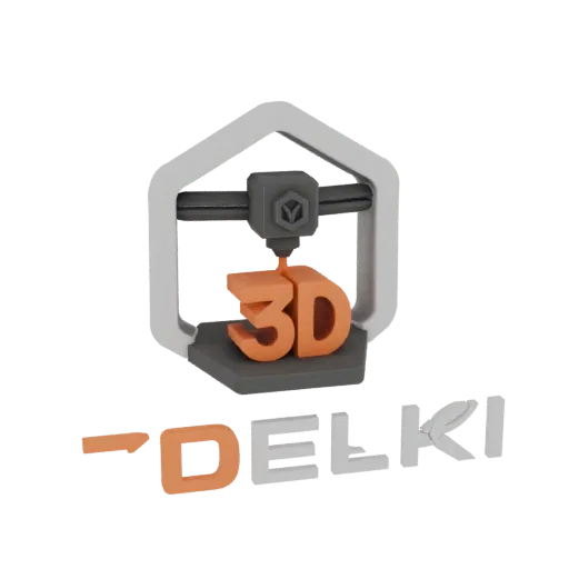 3D-рендер современного 3D-принтера, создающего буквы '3D' из оранжевой нити, с логотипом 'DELKI' ниже.