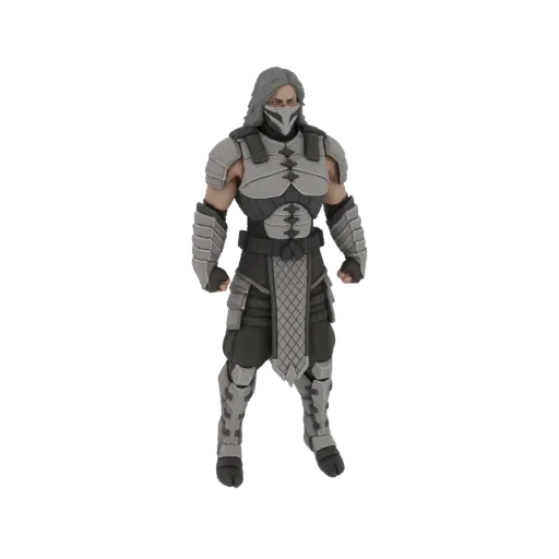 3D модель Саб-Зиро из Mortal Kombat 11 в серо-черной броне с маской и седыми волосами.