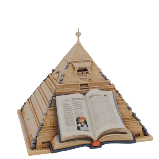 3D модель египетской пирамиды с раскрытой книгой на вершине, выполненная в песчаных тонах с синими акцентами.