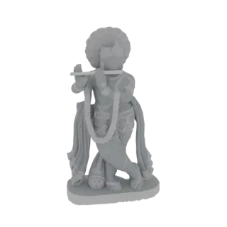 3D модель Господа Кришны, стоящего в изящной позе, играющего на флейте, с ореолом и гирляндой.