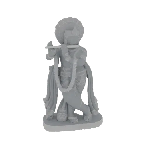 3D модель Господа Кришны, стоящего в изящной позе, играющего на флейте, с ореолом и гирляндой.