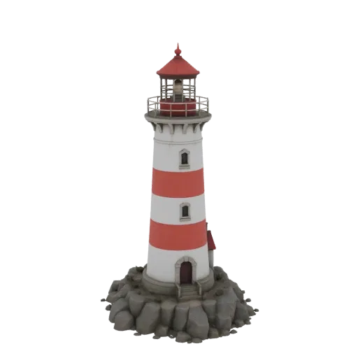 3D модель красно-белого полосатого маяка на скалистом основании с фонарной комнатой наверху.