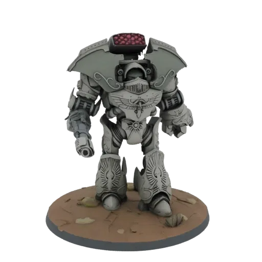 3D модель неокрашенного серого Imperial Knight Paladin с ракетной установкой на базе в пустыне.