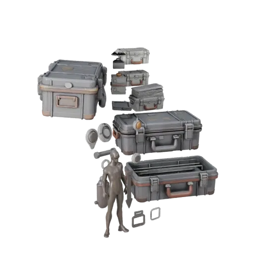 Стилизованная 3D модель ящика для боеприпасов, стилизованный изометрический рендер, показывающий пластик, функциональные отве