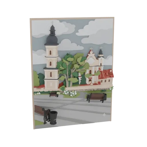 3D-модель многослойной бумажной диорамы, изображающей европейскую городскую площадь с церковью, деревьями и скамейками.