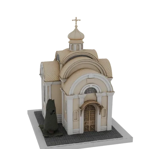 3D модель бежевой православной часовни с центральным куполом, арочными окнами и декоративными воротами входа на белом фоне.