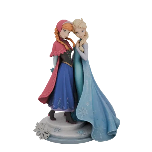 3D модель Анны и Эльзы из мультфильма Disney в объятиях, Анна в красном капюшоне и синем платье, Эльза в культовом платье цве