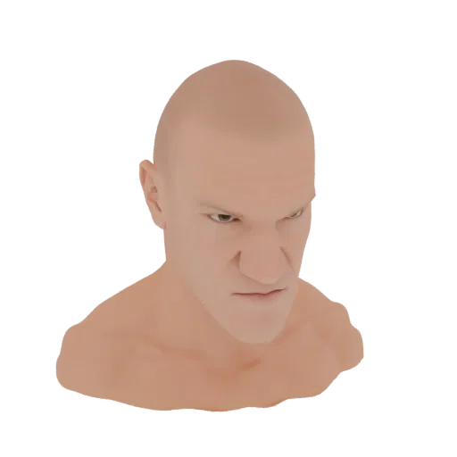 Рендер 3D модели головы и плеч лысого мужчины с агрессивным выражением, темный фон.