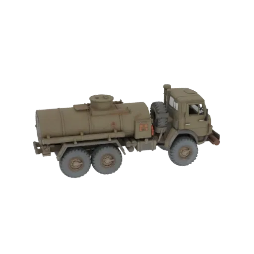 3D модель военного бензовоза цвета хаки с большими внедорожными шинами и цилиндрическим баком.