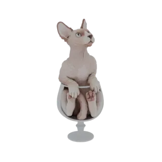 3D модель светло-коричневого сфинкса, сидящего в прозрачном бокале для бренди и смотрящего вверх.