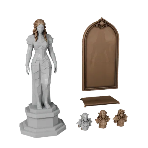 Предпросмотр низкополигональной 3D-модели статуи садовника, показывающий силуэт, вид с трех четвертей, пьедестал и детали ску
