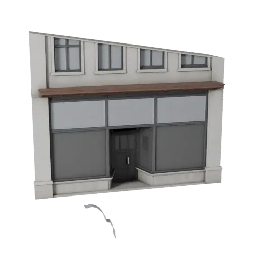 3D модель витрины, готовая к использованию в Blender, вид студийного рендера Blender, показывающий материалы фасада здания и