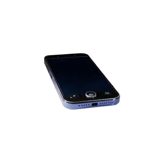 3D-модель компактного смартфона, трехчетвертной студийный рендер продукта, показывающий стеклянные экраны, детали формы.