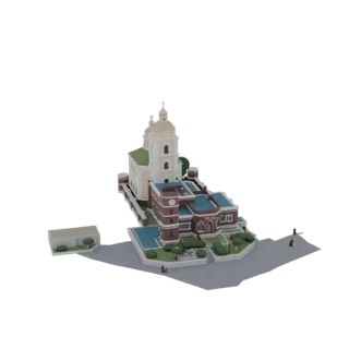 3D модель церкви в стиле барокко с колокольней и пристройкой на белом фоне.