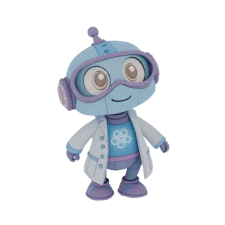 A 3D render of a cute, light blue robot character wearing purple goggles and a white lab coat, standing with a friendly expre