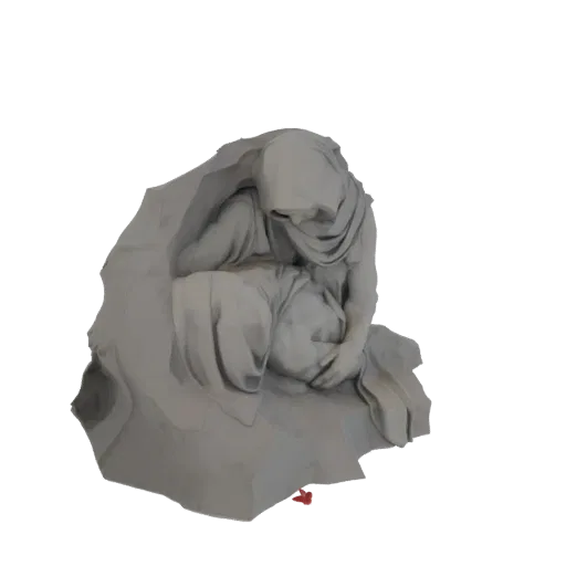 Рендер 3D модели скорбящей матери, облаченной в ткань, со сгорбленной позой, передающей горе.