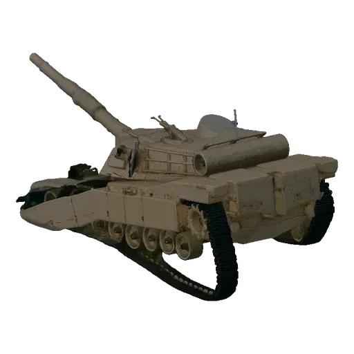 3D модель современного пустынного танка в бежевом камуфляже, показанная сбоку на черном фоне.