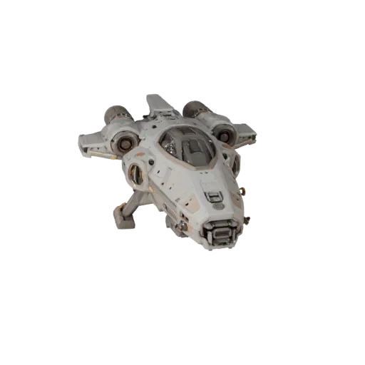 Стилизованная 3D-модель космического корабля, стилизованный изометрический рендер с эмиссионными полосами, четкий силуэт объе