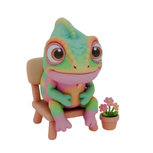 3D модель милого, разноцветного хамелеона на деревянном стуле рядом с горшком розовых и желтых цветов.