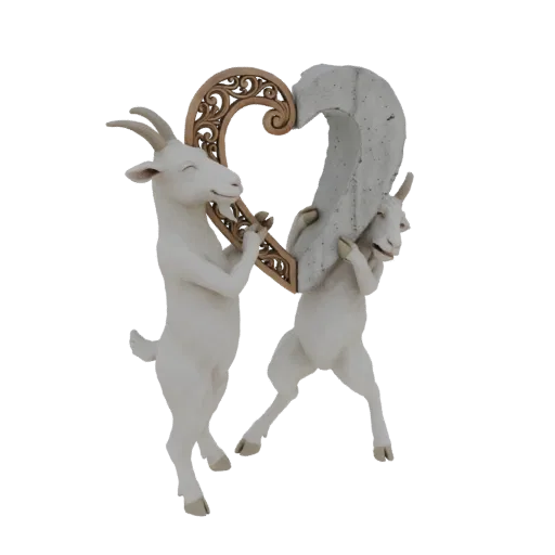 3D модель двух белых коз радостно держат сердце с деревянной рамой и каменной текстурой.