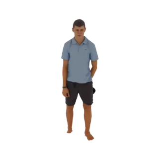 3D-модель молодого человека в светло-голубой рубашке-поло и темно-серых шортах, стоящего с руками в карманах.