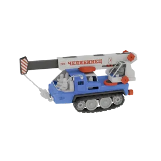 3D модель сине-белого советского автокрана с красной полосатой стрелой и гусеничной базой.