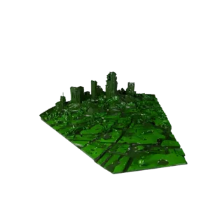 3D-модель биома заросшего руинами города, стилизованный изометрический рендер окружения, показывающий слои ландшафта, детали