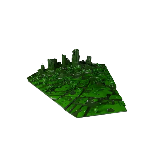 3D-модель биома заросшего руинами города, стилизованный изометрический рендер окружения, показывающий слои ландшафта, детали