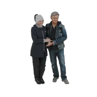 3D модель улыбающейся пары, держащейся за руки, в зимних куртках и шапках, на белом фоне.